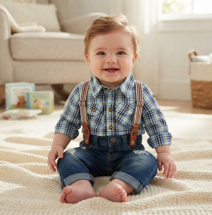 Set hăinuțe pentru băieței – Body Cămașă în carouri și blugi denim cu bretele [6]