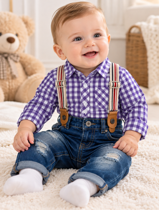 Set hăinuțe pentru băieței – Cămașă în carouri și blugi denim cu bretele [4]