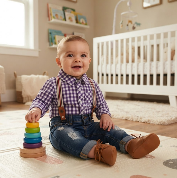Set hăinuțe pentru băieței – Cămașă în carouri și blugi denim cu bretele [5]