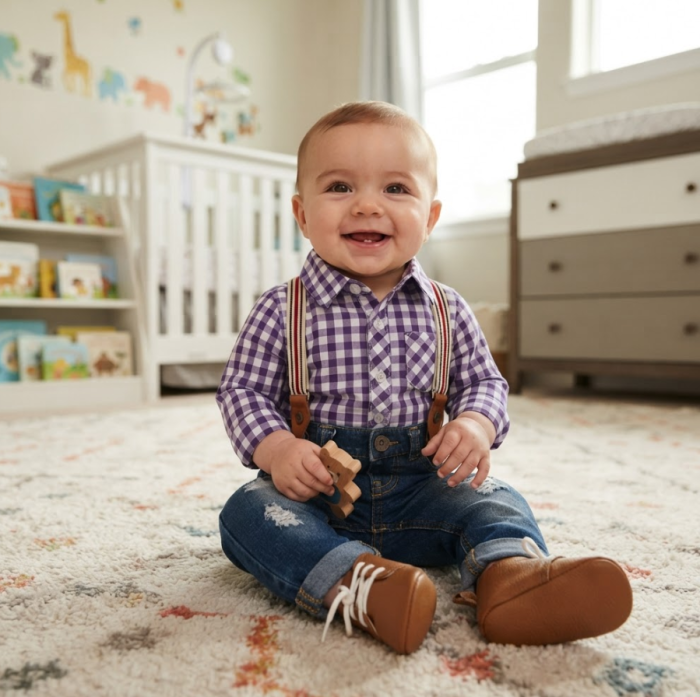 Set hăinuțe pentru băieței – Cămașă în carouri și blugi denim cu bretele [6]