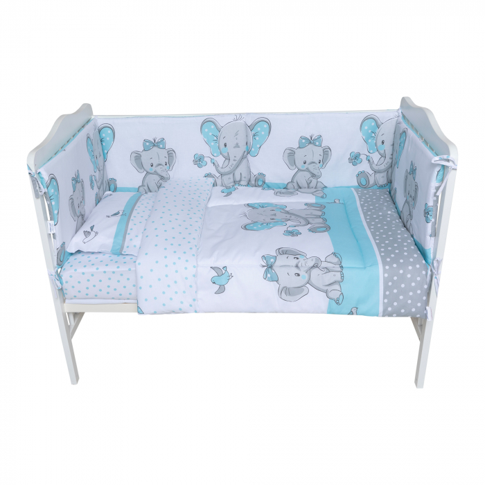 Set lenjerie bumbac 3 piese pentru saltea de 140 x 70 cm, Elefant&Birds Blue, Beberoyal [3]