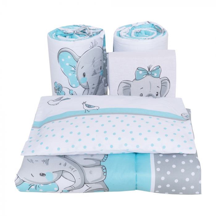 Set lenjerie bumbac 3 piese pentru saltea de 140 x 70 cm, Elefant&Birds Blue, Beberoyal [2]