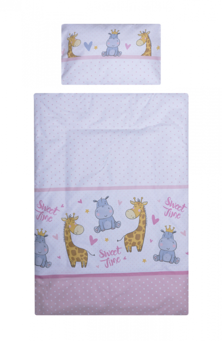 Set lenjerie bumbac 3 piese pentru saltea de 140 x 70 cm, Hippo&Giraffe Roz, Beberoyal [1]
