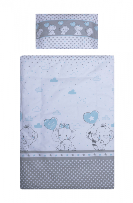 Set lenjerie bumbac 3 piese pentru saltea de 140 x 70 cm, Love Elephants Blue, Beberoyal [1]