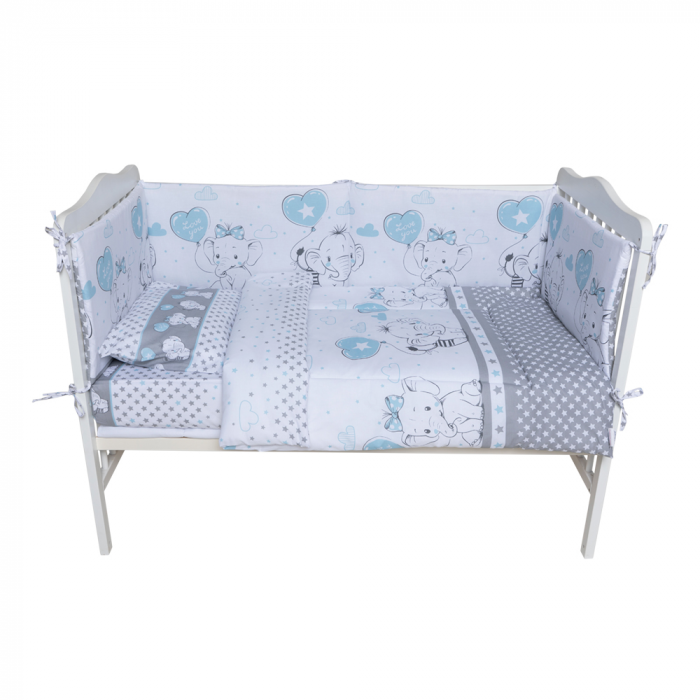 Set lenjerie bumbac 3 piese pentru saltea de 140 x 70 cm, Love Elephants Blue, Beberoyal [2]