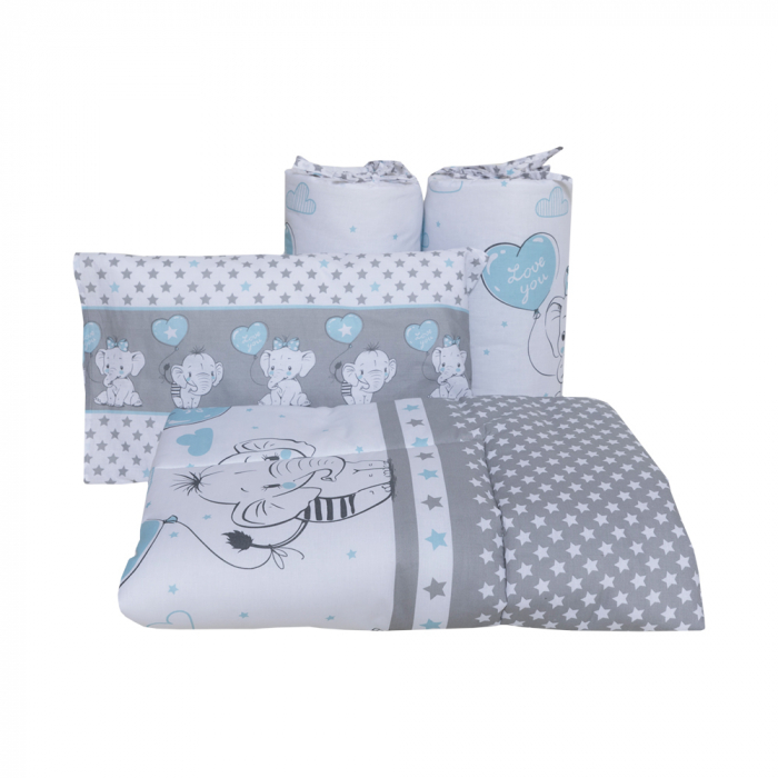 Set lenjerie bumbac 3 piese pentru saltea de 140 x 70 cm, Love Elephants Blue, Beberoyal [3]