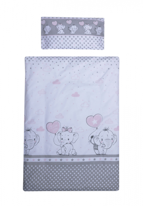 Set lenjerie bumbac 3 piese pentru saltea de 140 x 70 cm, Love Elephants Roz, Beberoyal [1]