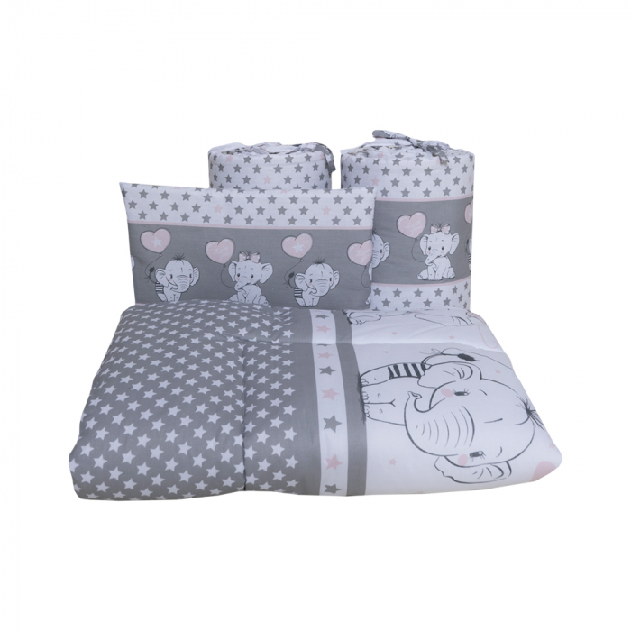 Set lenjerie bumbac 3 piese pentru saltea de 140 x 70 cm, Love Elephants Roz, Beberoyal [4]