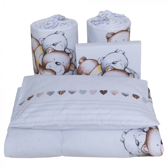 Set lenjerie bumbac 3 piese pentru saltea de 140 x 70 cm, Teddy Bear&Hearts Alb, Beberoyal [2]
