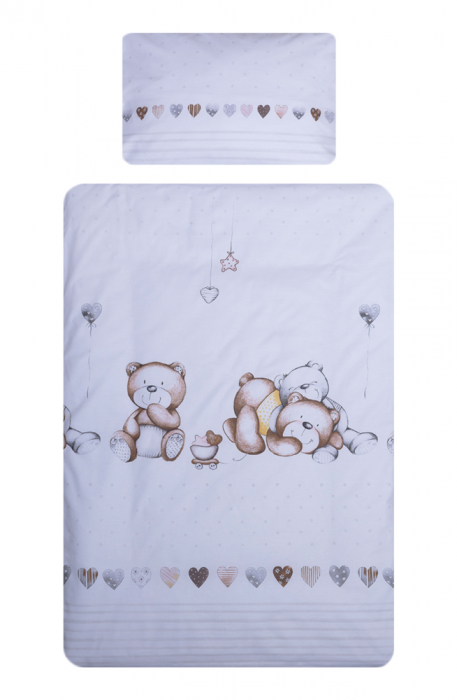 Set lenjerie bumbac 3 piese pentru saltea de 140 x 70 cm, Teddy Bear&Hearts Alb, Beberoyal [1]