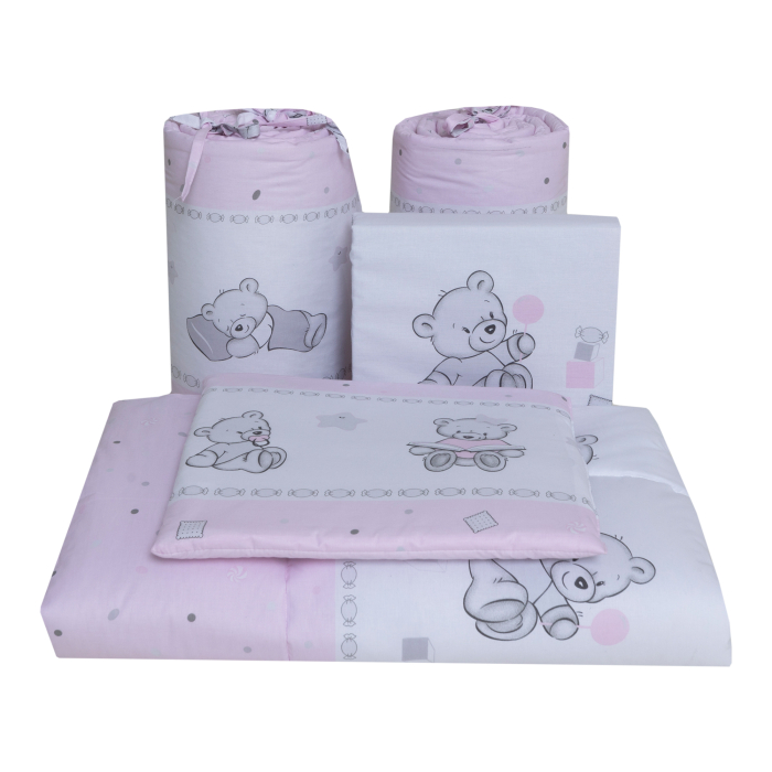 Set lenjerie bumbac 4 piese pentru saltea de 140 x 70 cm, Bears&Toys Roz, Beberoyal [2]