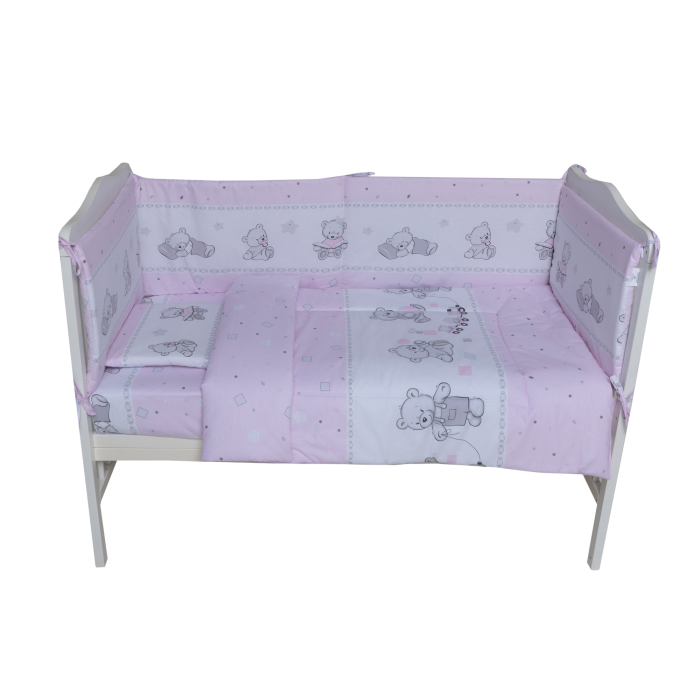 Set lenjerie bumbac 4 piese pentru saltea de 140 x 70 cm, Bears&Toys Roz, Beberoyal [1]