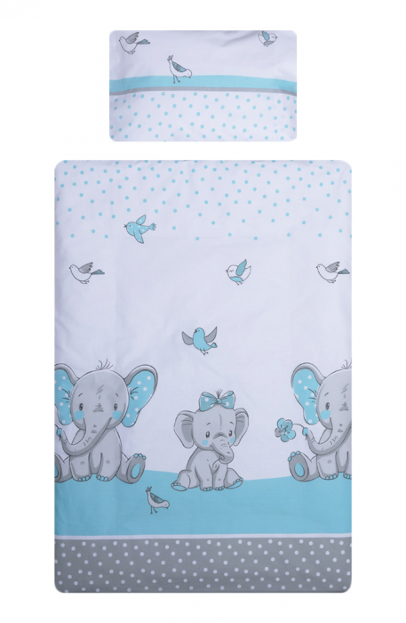Set lenjerie bumbac cu baldachin 8 piese pentru saltea de 120 x 60 cm, Elefant&Birds Blue [1]
