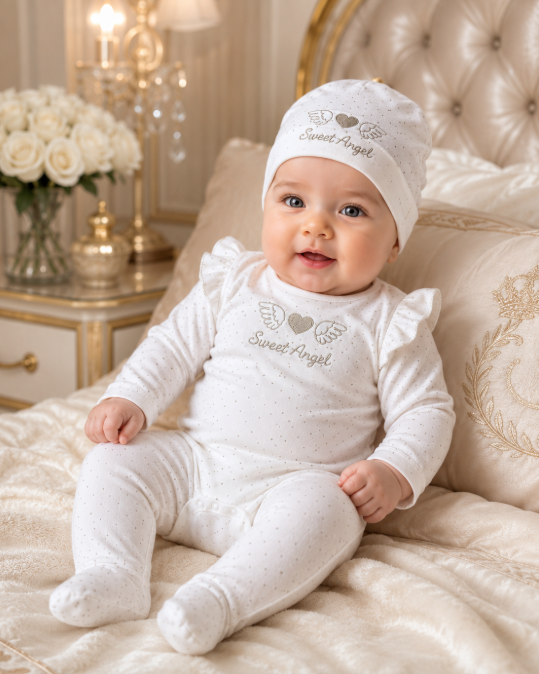 Set Luxury „Sweet Angel” din Bumbac Organic, 0-3 luni, alb-argintiu [2]