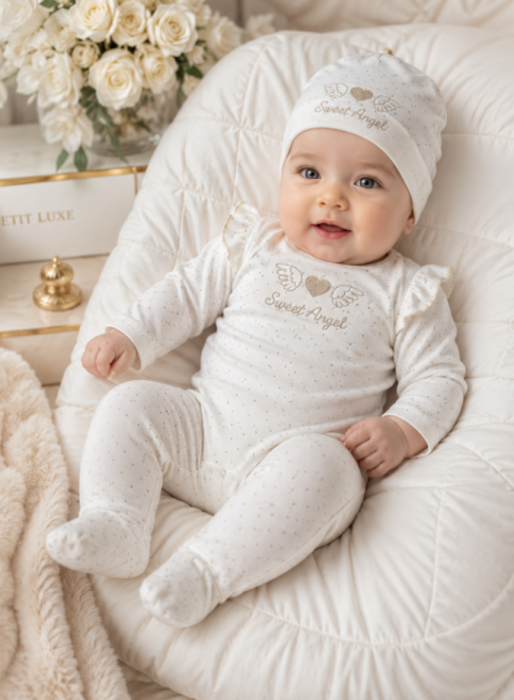 Set Luxury „Sweet Angel” din Bumbac Organic, 0-3 luni, alb-auriu [2]