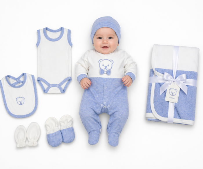 Set maternitate, model ursulet cu papion, 0-3 luni, Alb cu Albastru [2]