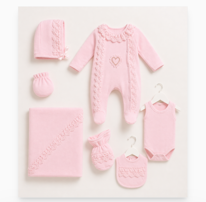 Set maternitate, pentru fetite, Model Imperial cu medalion, cu dantela, roz [2]