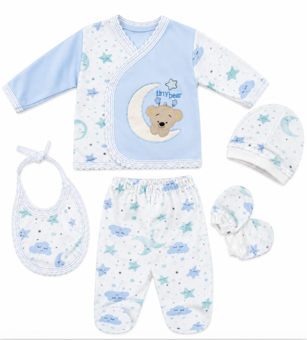 Set nou-născut 5 piese din bumbac – bluziță petrecută, pantaloni, căciuliță, botoșei și bavețică, 0-3 luni, Bleu [2]