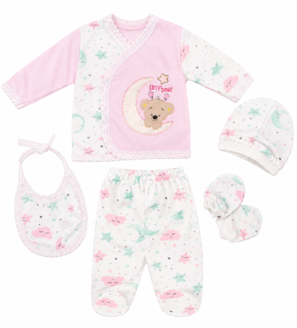 Set nou-născut 5 piese din bumbac – bluziță petrecută, pantaloni, căciuliță, botoșei și bavețică, 0-3 luni, Roz [2]