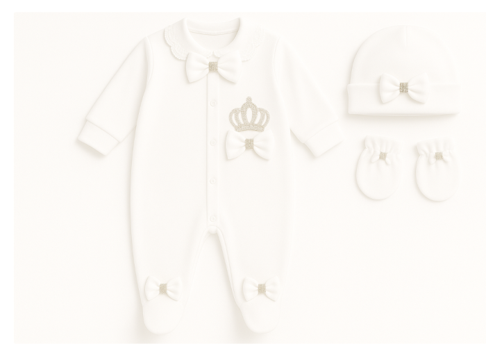 Set salopeta, caciula si manusi, Bumbac pieptanat, Alb [2]