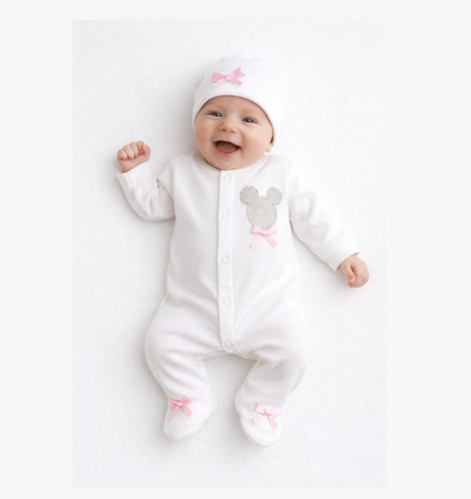 Set salopeta, caciula si manusi, Bumbac pieptanat, Minnie, Alb [2]