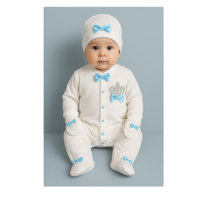 Set salopeta, caciula si manusi, Bumbac pieptanat, Alb Albastru [2]