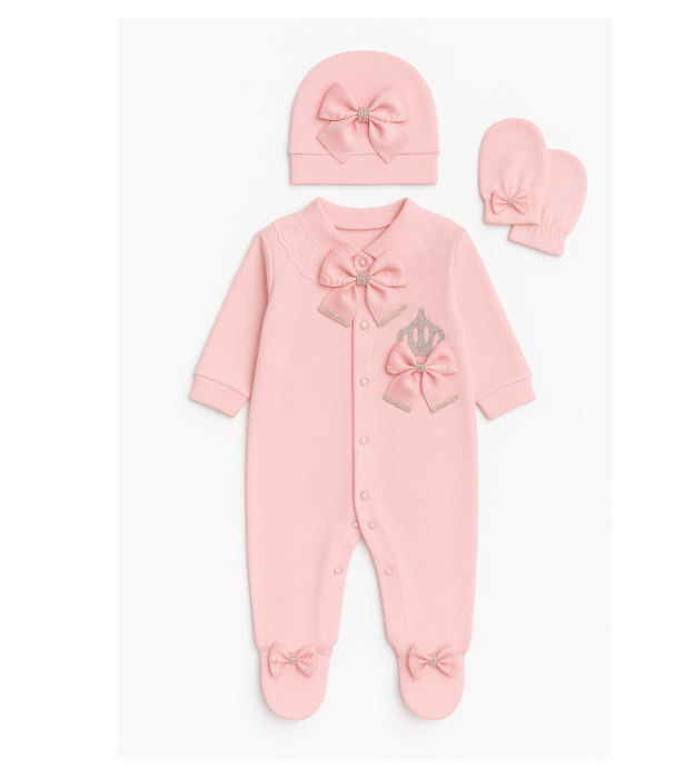 Set salopeta, caciula si manusi, Bumbac pieptanat, Roz [2]