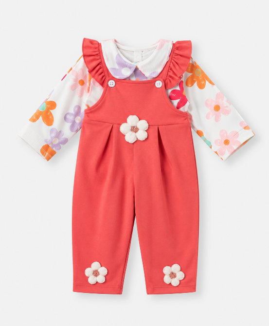 Set Salopetă Coral cu Bluziță Florală pentru Fetițe [2]