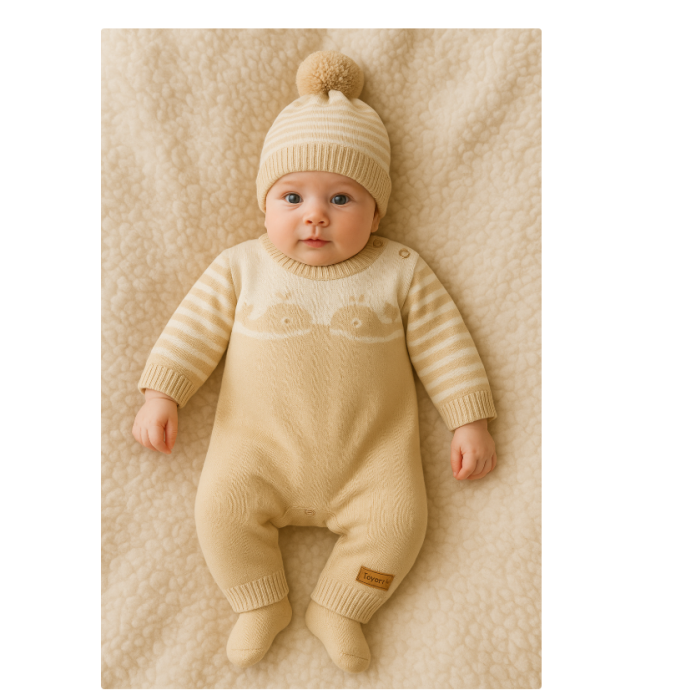 Set salopeta cu caciula, tricotate, bej [2]