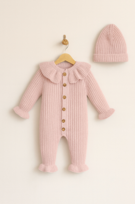 Set salopeta si caciula, tricotate, cu guleras dantelat [2]