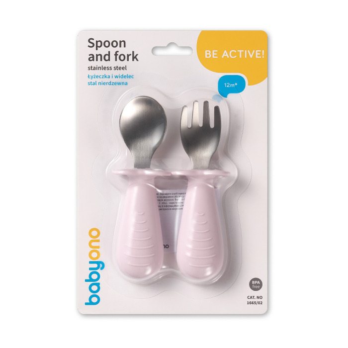 Set tacamuri copii, lingurita si furculita inox, roz, Babyono [2]
