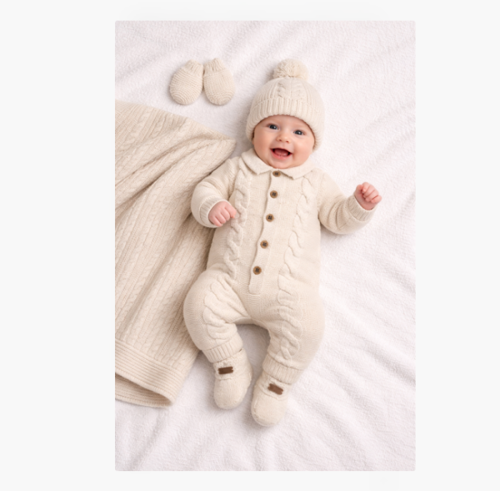 Set tricotat bebeluși 0–3 luni , salopetă, căciuliță, botoșei și păturică [2]