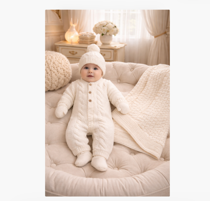 Set tricotat bebeluși 0–3 luni , salopetă, căciuliță, botoșei și păturică [3]