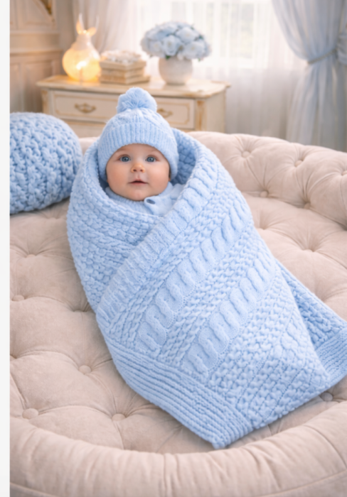 Set tricotat bebeluși 0–3 luni , salopetă, căciuliță, botoșei și păturică, Albastru [2]