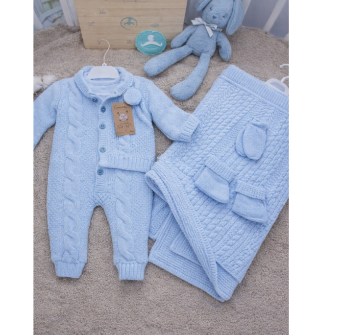 Set tricotat bebeluși 0–3 luni , salopetă, căciuliță, botoșei și păturică, Albastru [3]