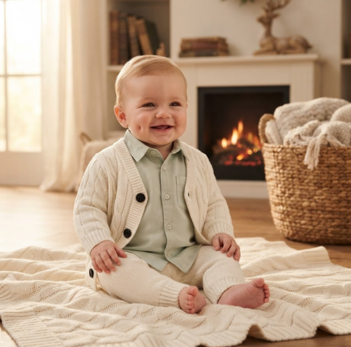 Set tricotat pentru bebeluși, din bumbac, cardigan și pantaloni , Alb [3]
