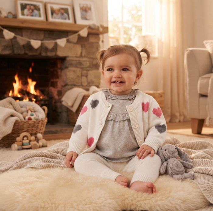 Set tricotat pentru bebeluși, din bumbac, cardigan și pantaloni, Alb-roz [3]
