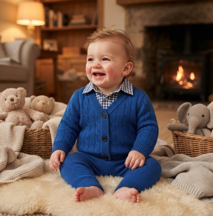 Set tricotat pentru bebeluși, din bumbac, cardigan și pantaloni, Albastru [4]