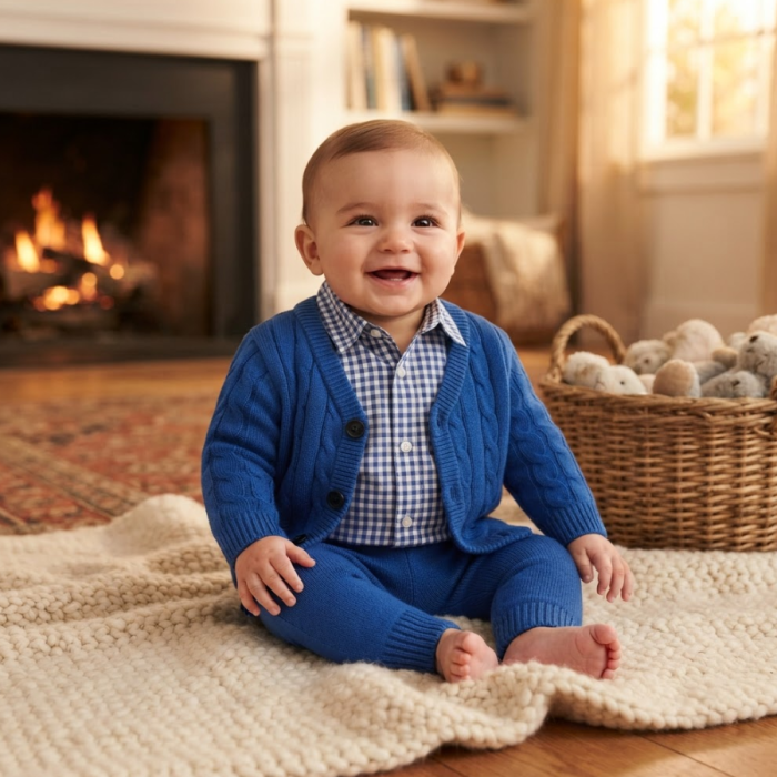 Set tricotat pentru bebeluși, din bumbac, cardigan și pantaloni, Albastru [3]
