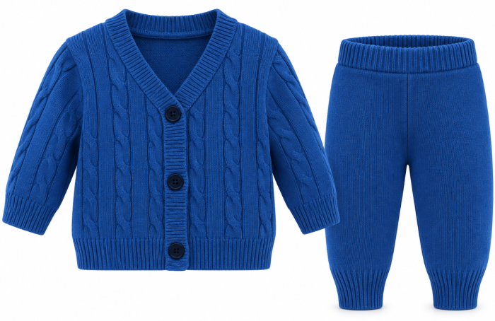 Set tricotat pentru bebeluși, din bumbac, cardigan și pantaloni, Albastru [2]