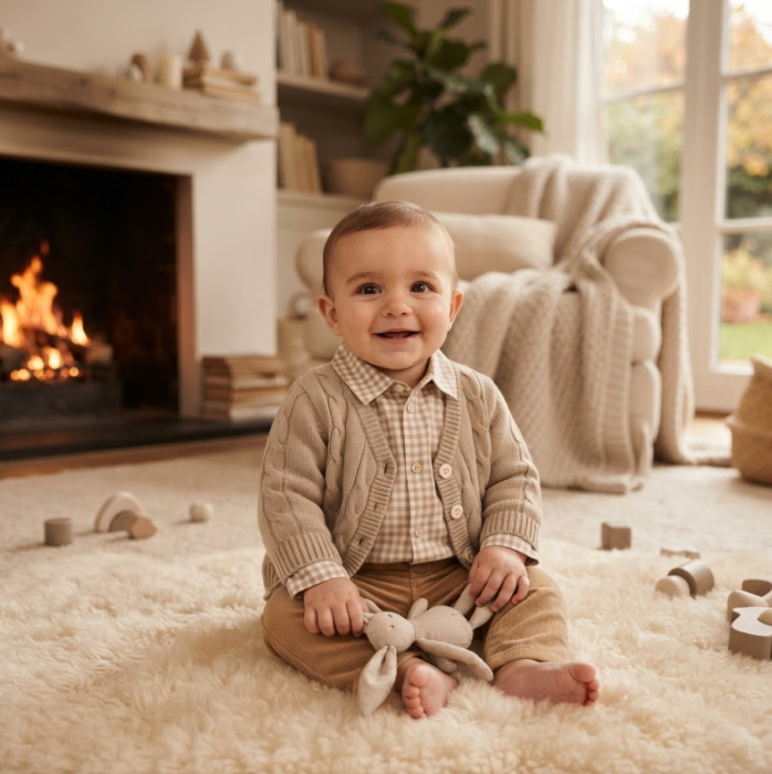 Set tricotat pentru bebeluși, din bumbac, cardigan și pantaloni, Bej [4]