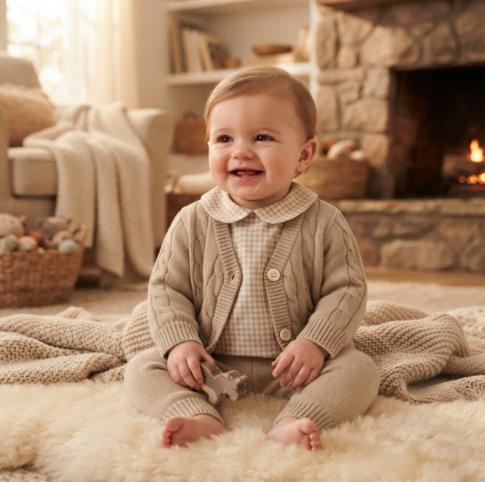 Set tricotat pentru bebeluși, din bumbac, cardigan și pantaloni, Bej [3]