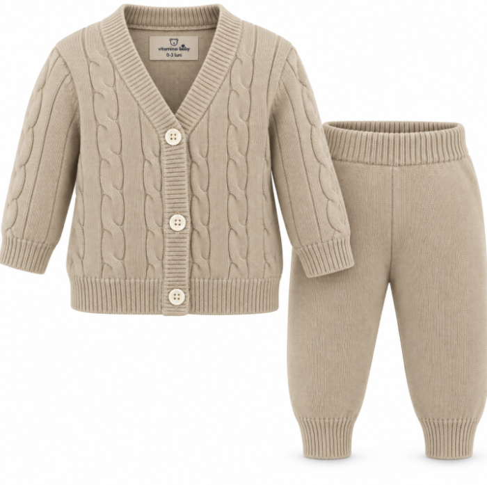 Set tricotat pentru bebeluși, din bumbac, cardigan și pantaloni, Bej [2]