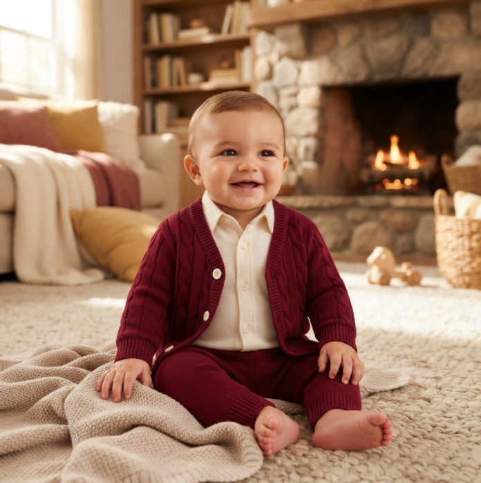 Set tricotat pentru bebeluși, din bumbac, cardigan și pantaloni, Burgundy [3]