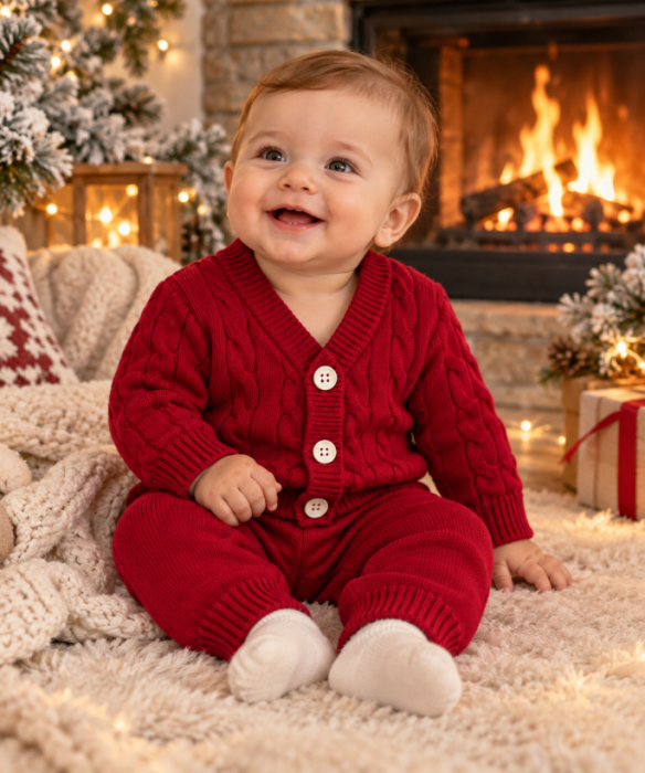 Set tricotat pentru bebeluși, din bumbac, cardigan și pantaloni, Burgundy [3]