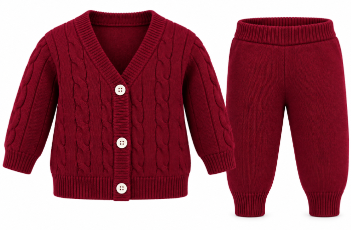 Set tricotat pentru bebeluși, din bumbac, cardigan și pantaloni, Burgundy [2]