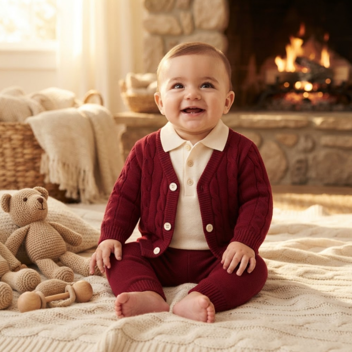 Set tricotat pentru bebeluși, din bumbac, cardigan și pantaloni, Burgundy [4]