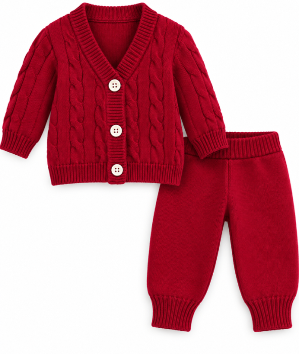 Set tricotat pentru bebeluși, din bumbac, cardigan și pantaloni, Burgundy [2]
