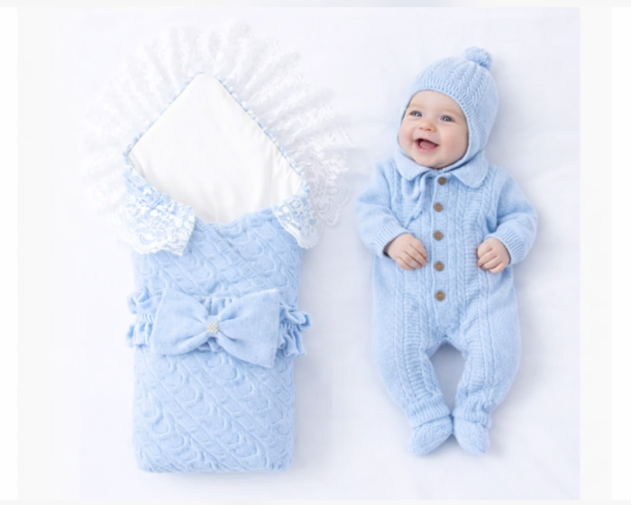 Set tricotat pentru bebeluși, Portbebe, salopetă, căciuliță și botoșei, Albastru, 0–3 luni, Colectie Lux [2]