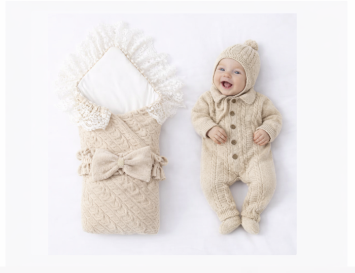 Set tricotat pentru bebeluși, Portbebe, salopetă, căciuliță și botoșei, Bej, 0–3 luni, Colectie Lux [2]